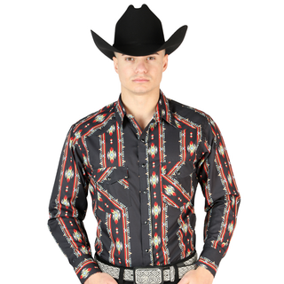Model wearing El General men’s Black  multicolor geometric print long sleeve Western shirt