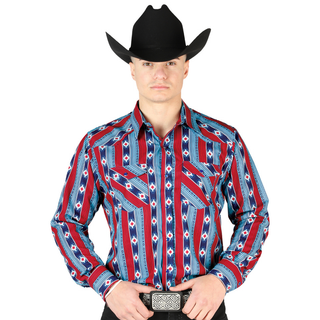 Model wearing El General men’s Blue/Red geometric print long sleeve Western shirt