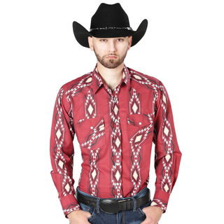 Model wearing El General men’s Burgundy Geometric print long sleeve Western shirt
