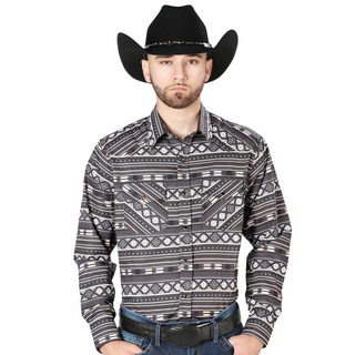 Model wearing El General men’s Brown Geometric print long sleeve Western shirt