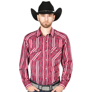Model wearing El General men’s burgundy geometric print long sleeve Western shirt