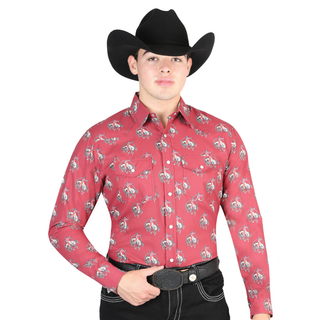 Model wearing El General men’s red cowboy rodeo print long sleeve Western shirt