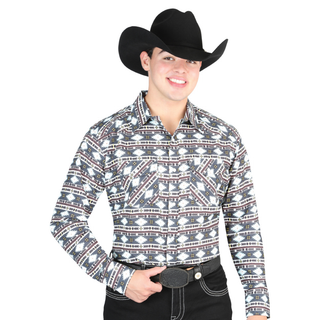 El General men’s turquoise and brown floral Western shirt – front view on model