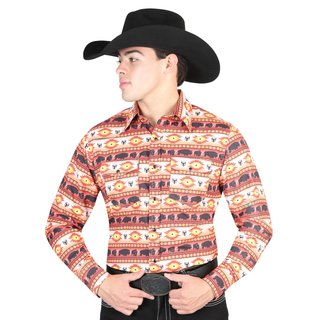 Model wearing El General Orange Bull print long sleeve Western shirt