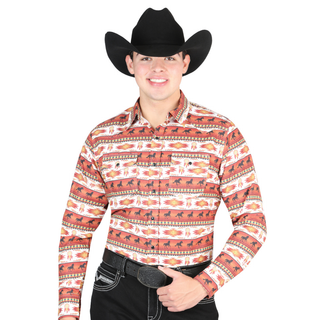 Model wearing El General men’s rust Southwestern print long sleeve Western shirt