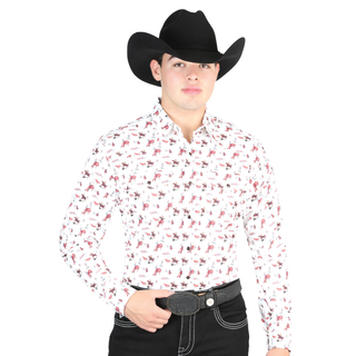 Model wearing El General men’s white cowboy print long sleeve Western shirt