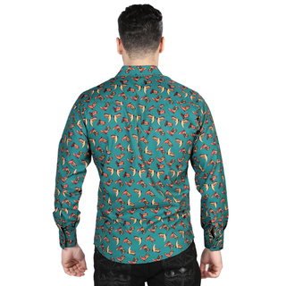 Model wearing El General men’s Dark Green Boot print long sleeve Western shirt- back shirt view 