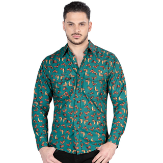 Model wearing El General men’s Dark Green Boot print long sleeve Western shirt