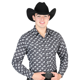 Model wearing El General men’s Black horse print long sleeve Western shirt