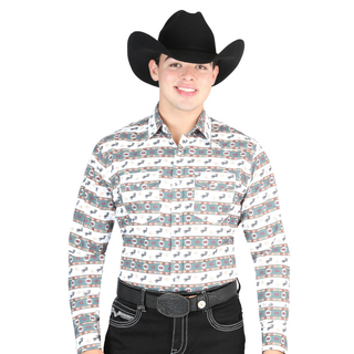 Model wearing El General men’s white and green horse print long sleeve Western shirt