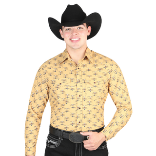 Model wearing El General men’s yellow bull skull print long sleeve Western shirt