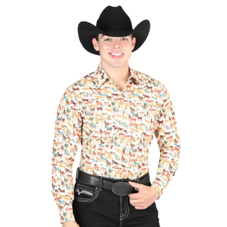 Model wearing El General men’s khaki horse print long sleeve Western shirt