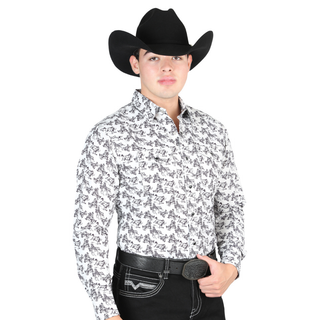 Model wearing El General men’s white and gray horse print long sleeve Western shirt