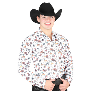 Model wearing El General men’s white bull and cowboy print long sleeve Western shirt