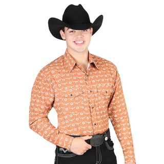 Model wearing El General men’s orange bull skull print long sleeve Western shirt