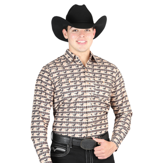 El General Men’s Beige Cowboy Print Western Button Down Shirt – front view