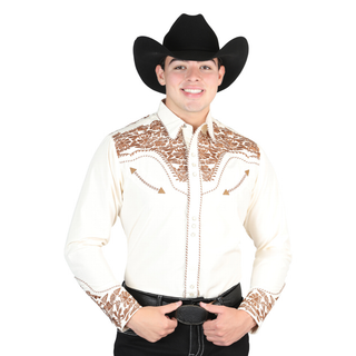 El General Men’s Beige and Carmel Brown Embroidered Charro Western Shirt