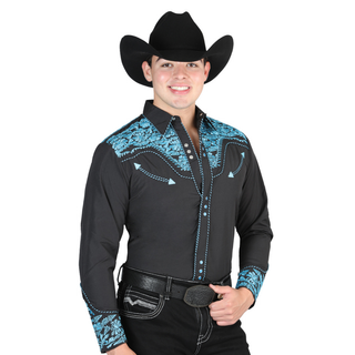 El General Men’s  Black and Blue Embroidered Charro Western Shirt