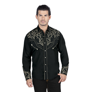 El General Men’s  Black and Gold Embroidered Charro Western Shirt