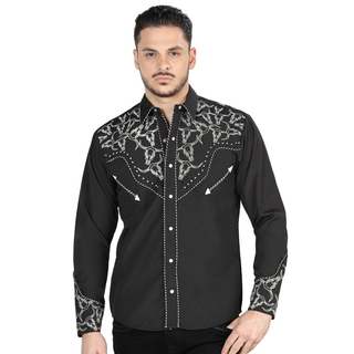 El General Men’s Black and white Embroidered Charro Western Shirt