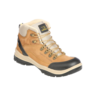 Tan hiking boot with black sole on a white background