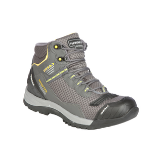 Gray work boot with yellow accents