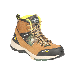 Brown work boot with camouflage pattern and visible brand logo 