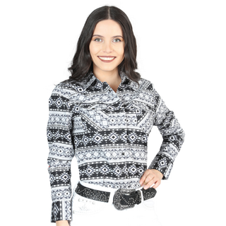 Woman wearing a Black and White colored El General long-sleeve Western shirt with Aztec pattern.