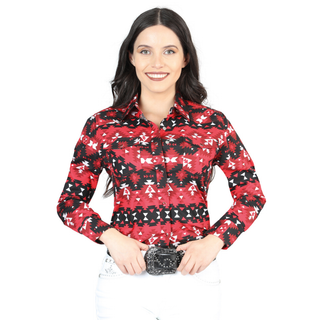Woman wearing a Red El General long-sleeve Western shirt with Aztec pattern.
