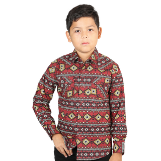 El General boys’ burgundy Aztec print western long sleeve shirt – front view