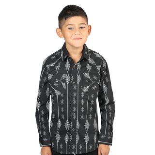 El General boys’ black and white arroiw print western long sleeve shirt – front view