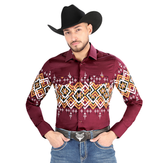 El General men’s burgundy and mustard Aztec print Western shirt – front view