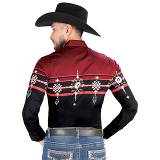 El General men’s burgundy and black Aztec print Western shirt – back view 