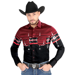 El General men’s burgundy and black Aztec print Western shirt – front view