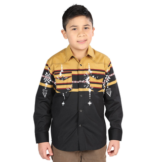 Front view of boys El General Southwestern Western shirt