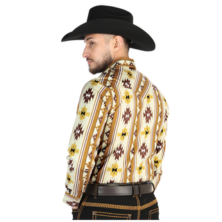 El General Men’s Yellow & Brown Aztec Print Western Button Down Shirt – front view