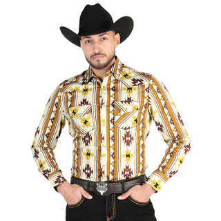 El General Men’s Yellow and brown Aztec Print Western Button Down Shirt – front view
