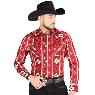 El General men’s Red Aztec diamond print Western long sleeve shirt – front view