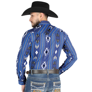 El General men’s blue Aztec diamond print Western long sleeve shirt – back view
