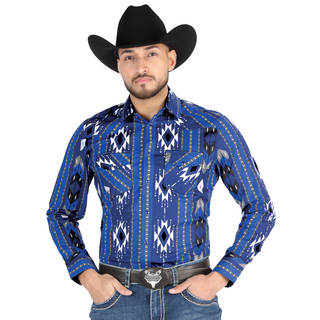 El General men’s blue Aztec diamond print Western long sleeve shirt – front view