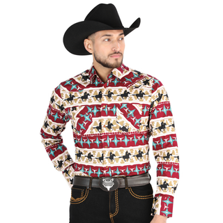 El Generals Aztec Pring shirt in Ivory and Burgundy