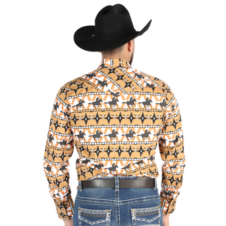 El General Men’s Taupe and Yellow long-sleeve Western button-down shirt