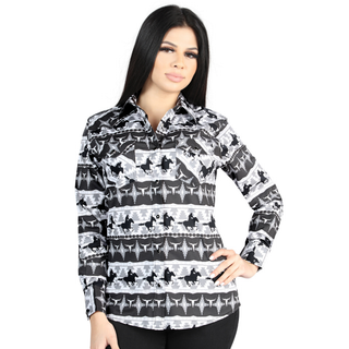 El General women’s black and white Western long sleeve shirt with horse and aztec print – front view
