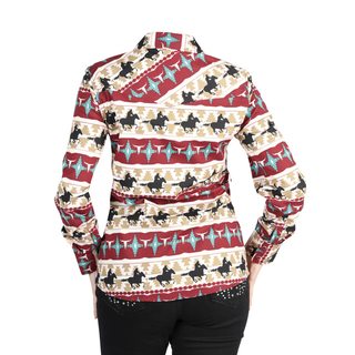 Woman wearing an ivory and burgundy El General long-sleeve Western shirt with Aztec and horse print pattern.