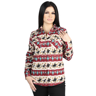 Woman wearing an ivory and burgundy El General long-sleeve Western shirt with Aztec and horse print pattern.