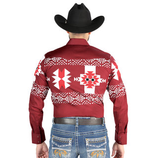El General men’s burgundy and white Aztec print Western shirt – front view