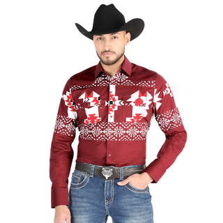 El General men’s burgundy and white Aztec print Western shirt – front view