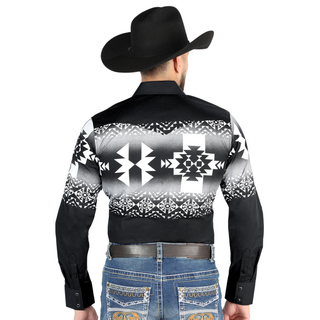 El General men’s black and white Aztec print Western shirt – back view 