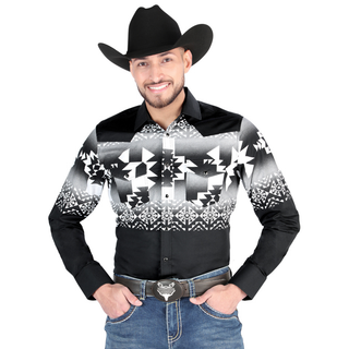 El General men’s black and white Aztec print Western shirt – front view