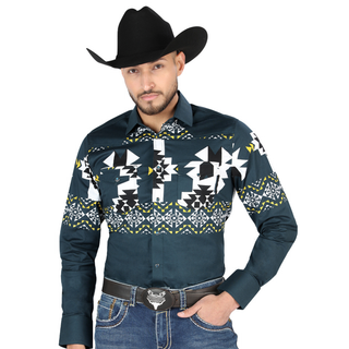 El General men’s teal and white Aztec print Western shirt – front view